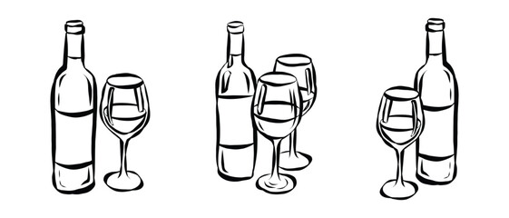 Whimsical chalk doodles of wine glass and bottle. Quirky icons of breakfast and dinner meals in crayon style. Crayon drawing for menus and invitations. La dolce vita italian vector illustration