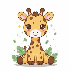 Cute cartoon giraffe sitting among green leaves with smiling expression  