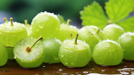 Fresh gooseberries with water droplets, vibrant green, close-up.
