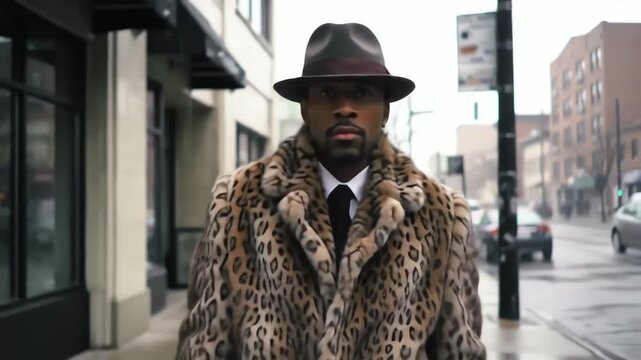 A confident and stylish African American man in a leopard print fur coat and fedora walks in slow motion down a city street