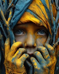 Ukrainian kid covered in paint of ukrainian flag in yellow and blue colour. Ai Generative