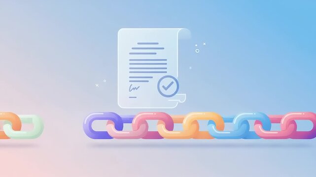 Abstract illustration of digital documents being linked by colorful chains against a gradient background