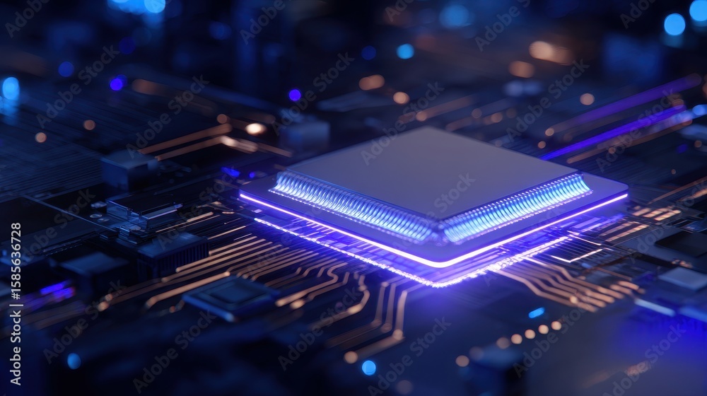 Poster close-up view of a futuristic microprocessor on a circuit board with glowing connections