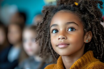 Young African American girl with natural curly hair wearing orange sweater looking up with hopeful expression against blurred blue background.
