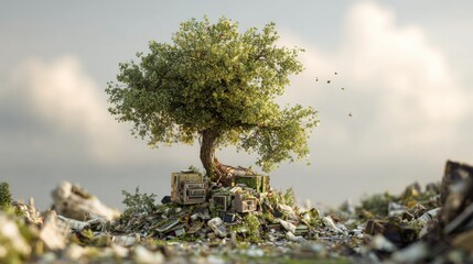 Lush tree on a pile of discarded electronics