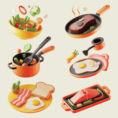 Collection of delicious food items and cooking utensils in a playful 3d style