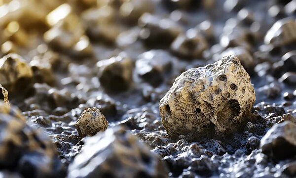 Close-Up of Textured Wet Rocks in Natural Landscape with Sunlight Reflection