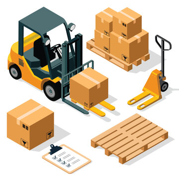 Forklift and pallet jack moving boxes and pallets in a warehouse setting