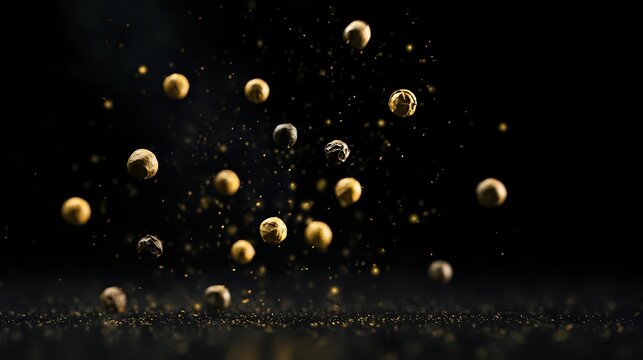 Golden spherical droplets suspended in dark space with glittering particles, creating magical atmosphere against black background. Macro photography for luxury design.