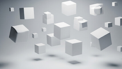 Abstract Floating White Cubes on Gray Background