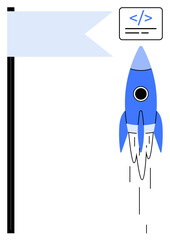 Blue rocket launching beside a flag and coding interface, symbolizing tech innovation, startup success, creativity, growth, programming, productivity, and progress in a simple flat metaphor