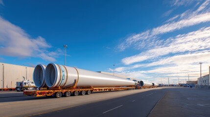 Large wind turbine blades being transported on a flatbed truck in a sunny industrial area