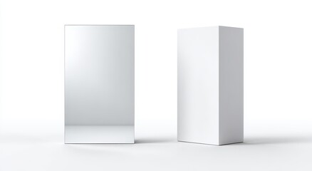 Naklejka premium Two blank white boxes, one mirrored, on a white background