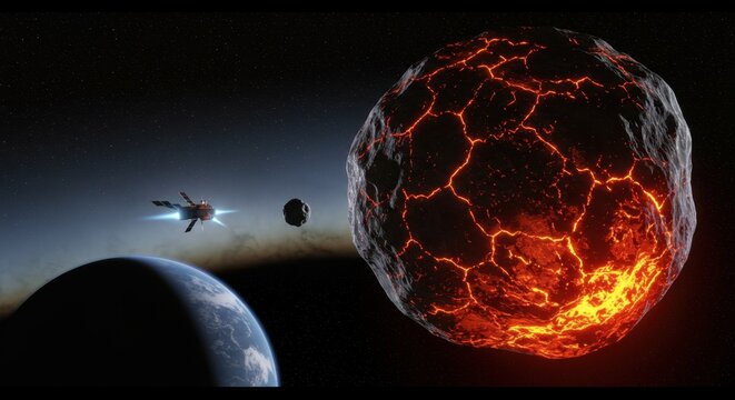 Spaceship Approaching a Fiery Asteroid and Planet: A Cosmic Encounter in Deep Space
