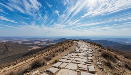 Stone pathway winding over arid mountain landscape