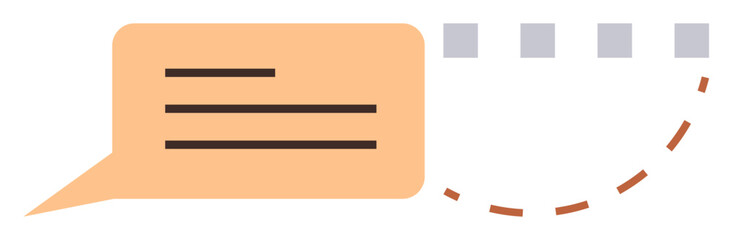 Message bubble with lines conveys communication, connected to dashed path and square nodes. Ideal for communication, messaging, networking, data transfer, collaboration, connection workflow. Simple