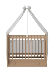 Wooden baby crib with canopy and bedding, front view, 3D render, isolated on transparent background.