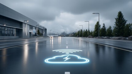 Smart Cloud Energy and Wireless Connectivity Symbol on Wet City Road