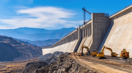 Obraz premium Construction of a large dam with heavy machinery in a mountainous landscape under blue skies