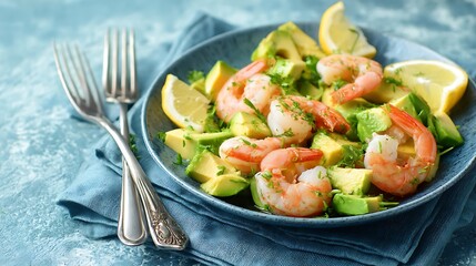 Avocado and shrimp salad served on a blue cloth, showcasing a light and healthy dish perfect for a balanced diet.