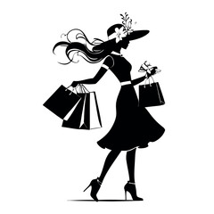 Elegant Silhouette of a Woman in a Hat and Heels Carrying Shopping Bags with Flowing Hair