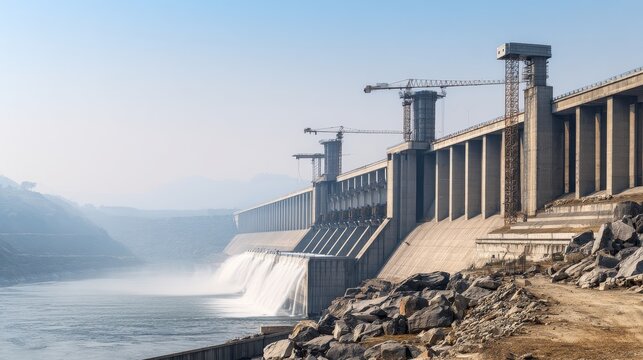 Modern dam structure with flowing water, construction cranes, and rocky landscape under clear sky