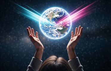 World Tourism Day concept featuring hands lifted to the sky, supporting a luminous Earth bathed in radiant energy beams, symbolizing global travel unity