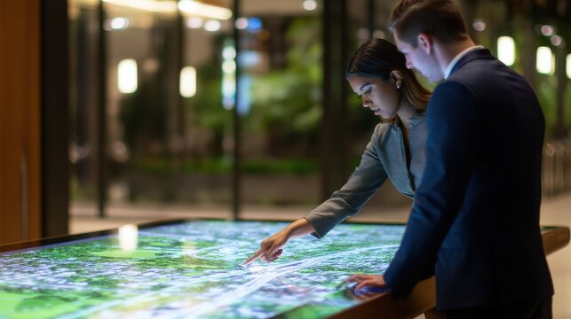 Business professionals engaged in a digital map presentation in a modern office setting