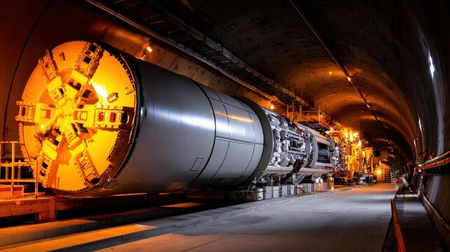Tunnel boring machine illuminated in a dark tunnel, showcasing construction activity and equipment
