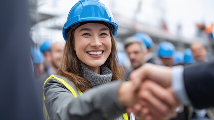 A woman wearing a hard hat and safety vest shakes hands with a man. The woman is smiling and she is happy