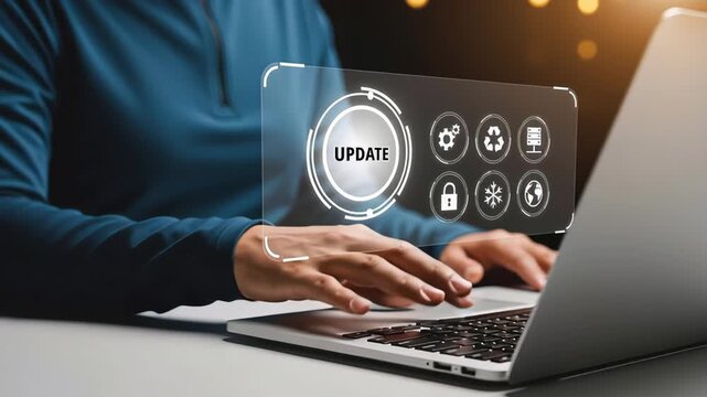 Person using laptop and pressing virtual update button on futuristic digital interface with system icons. Concept of software update, system maintenance and cybersecurity protection
 - Powered by Adobe
