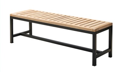 Long park bench, light wood slats, black metal frame
