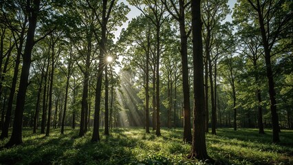 Obraz premium Forest trail illuminated naturally by sunrays filtering through treetops, perfect for outdoor lifestyle and nature adventure visuals