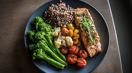 Balanced meal plan for a healthy diet, featuring vegetables, lean proteins, and whole grains, arranged beautifully on a plate.