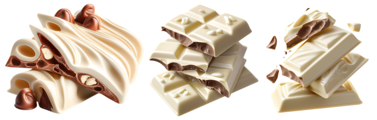 Set of assorted white chocolate bars with hazelnuts and rolled wafers isolated on white background