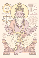 Minimal pastel illustration of Lord Vishwakarma holding scriptures with divine halo and architectural tools for Vishwakarma Jayanti