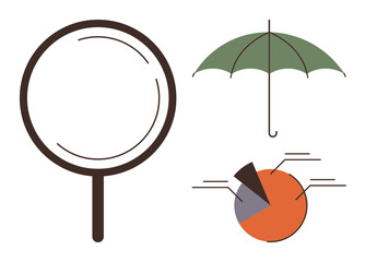 Magnifying glass, umbrella, and pie chart with annotations combine for analysis, security, and decision-making. Ideal for research, insurance, data analysis, business finance strategy protection