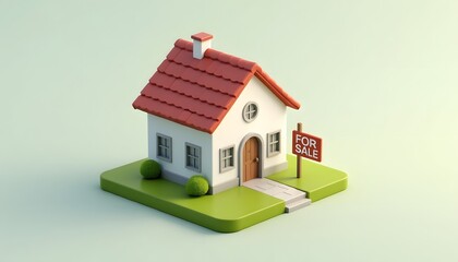 Charming 3D Model of House with For Sale Sign in a Light Green Background