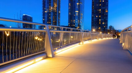 Fototapeta premium Evening stroll on a modern pedestrian bridge with city skyline and soft lighting ambiance
