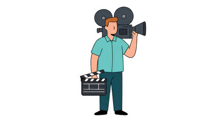 Cartoon Filmmaker with Vintage Camera and Clapperboard