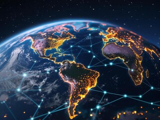 Globe of earth at night showing connections, concept of bushiness connections 