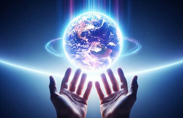 Two open hands reach upward to lift glowing Earth into radiant light &mdash; concept artwork for World Tourism Day expressing love for travel and unity