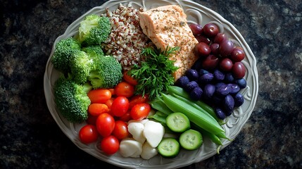 Balanced meal plan for a healthy diet, featuring vegetables, lean proteins, and whole grains, arranged beautifully on a plate.