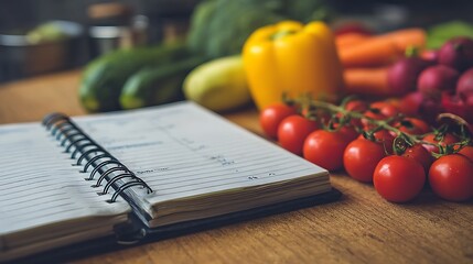 Close-up of a notebook diet plan, alongside vibrant vegetables and fruits arranged neatly, emphasizing healthy meal preparation and clean eating.