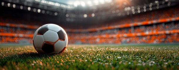 Soccer ball on a grassy field, stadium in the background (1)