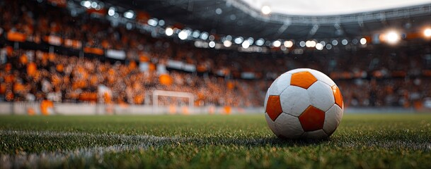 Soccer ball on field with stadium in background