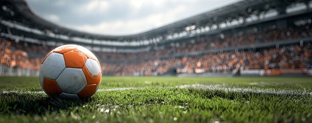 Soccer ball on a grassy field in a stadium