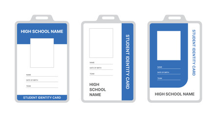 A high school student ID card design template featuring editable fields to enter photo, name, date of birth, team, and more.