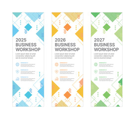 Modern business workshop roll-up banners with arrow graphics symbolizing growth and progress. Perfect for workshops, events, conferences, branding projects, combining style and professionalism.