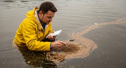 Environmentalist Examining Leftover Fish Feed Floating in Polluted Water, Highlighting Overfeeding Impact